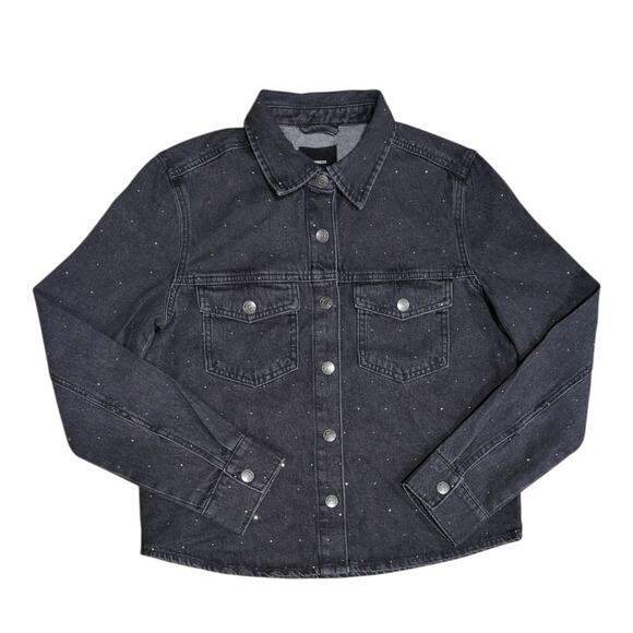 Express Women's Black Denim Jacket W/ Rhinestones Snap Front XXL Whimsigoth - Picture 2 of 11